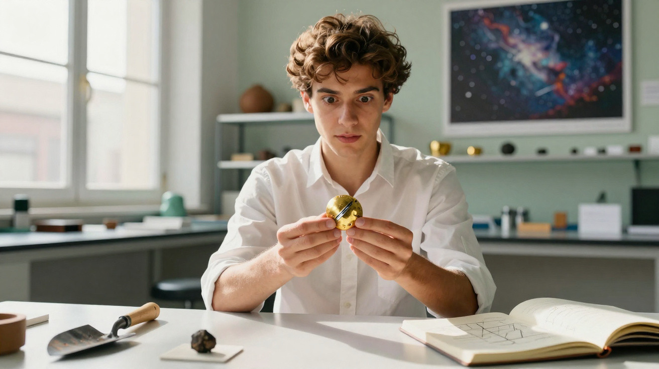 Jovem de camisa branca examina um objeto dourado numa mesa com livro aberto e ferramentas de trabalho.