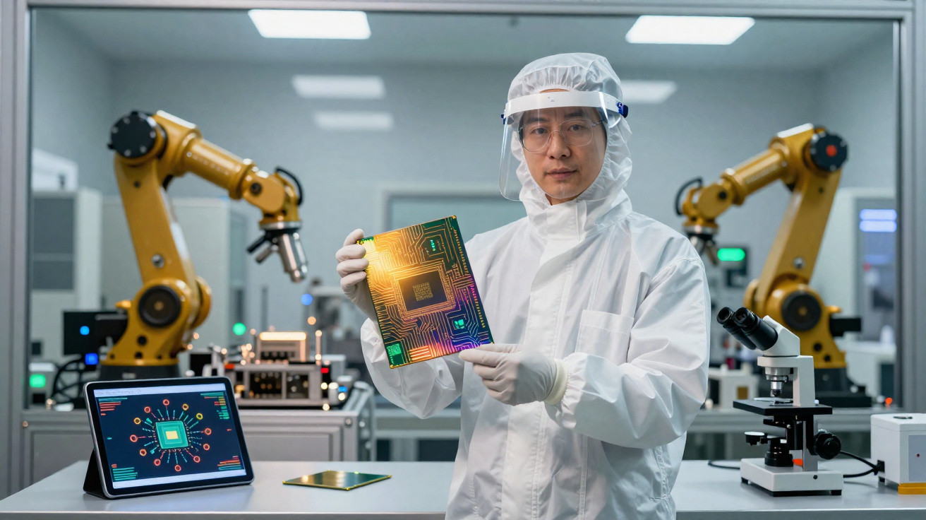 Engenheiro em vestuário de proteção segura placa de circuito num laboratório com braços robóticos e equipamentos tecnológicos