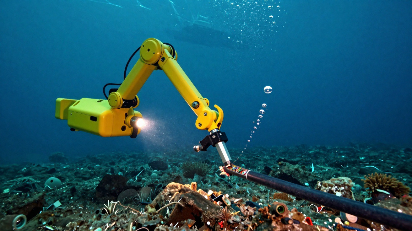 Braço robótico amarelo submerso a investigar o fundo do mar com luz e capturar objetos marinhos.