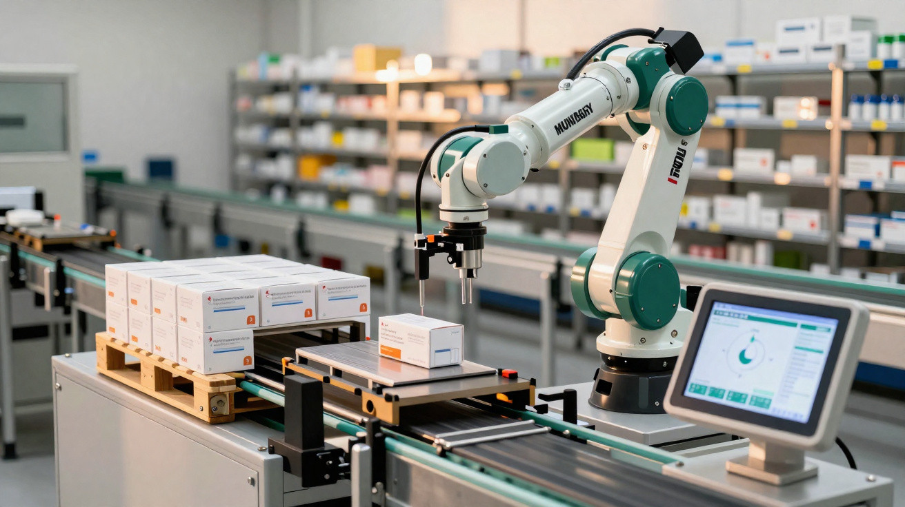 Robô industrial a manusear caixas brancas numa linha de produção automatizada com ecrã digital.