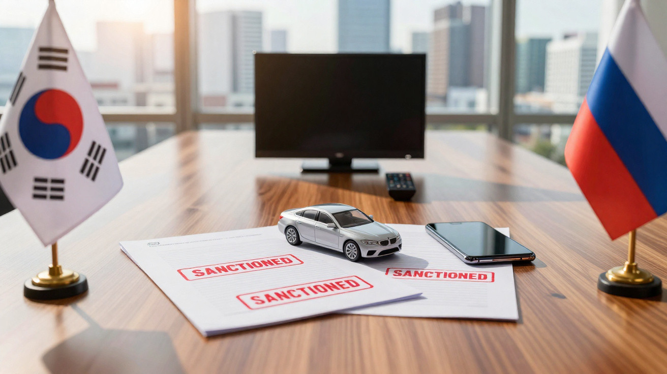 Mesa com bandeiras da Coreia do Sul e Rússia, documentos com selo "sanctioned", carro em miniatura e smartphone.