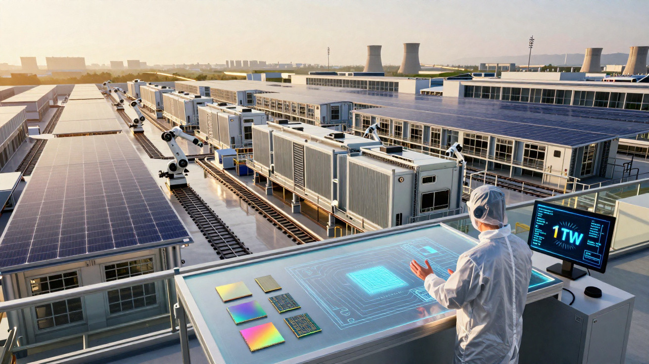 Pessoa em roupa de proteção a operar painel digital em instalação moderna com painéis solares e robôs.