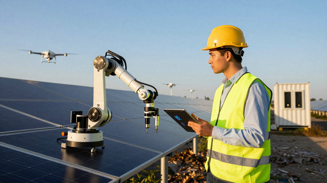 Engenheiro com capacete amarelo e colete refletor controla braço robótico junto a painéis solares.
