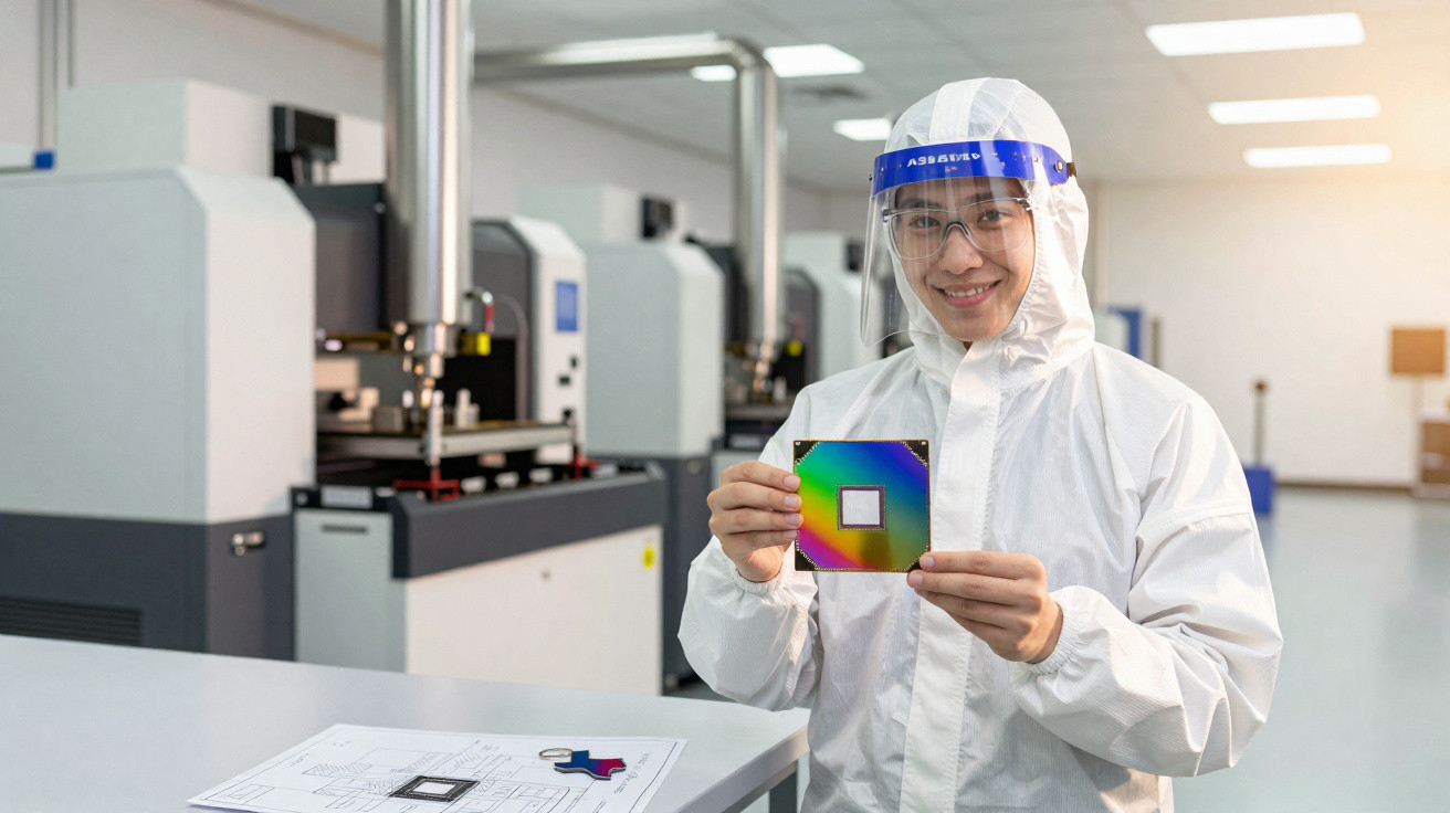 Pessoa em traje de proteção segura componente eletrónico colorido numa fábrica de tecnologia limpa.