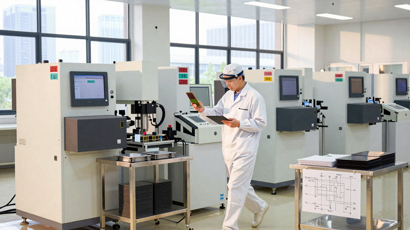 Pessoa com fato branco a analisar componentes eletrónicos numa fábrica moderna e luminosa com máquinas automatizadas.