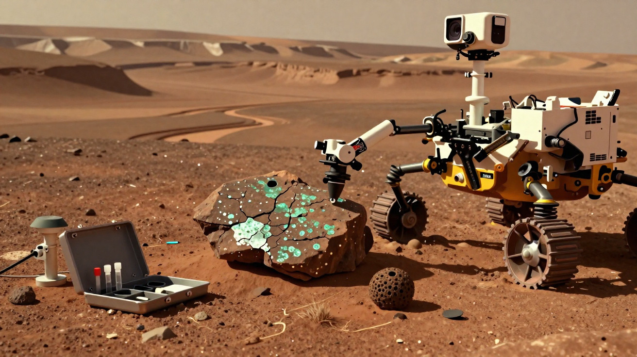 Rover a analisar uma rocha com minerais verdes na superfície árida e vermelha de Marte.