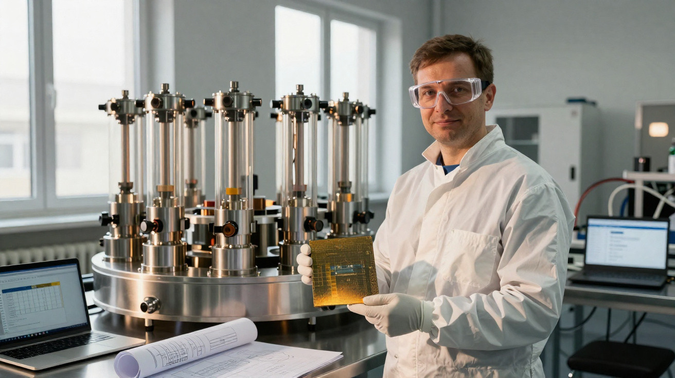 Cientista em laboratório com equipamento e microchip nas mãos usando bata, luvas e óculos de proteção.