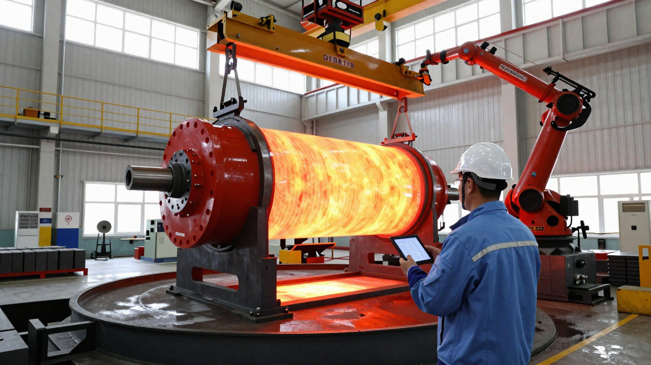 Trabalhador com capacete a controlar equipamento industrial perto de cilindro em forjamento aquecido dentro de fábrica.