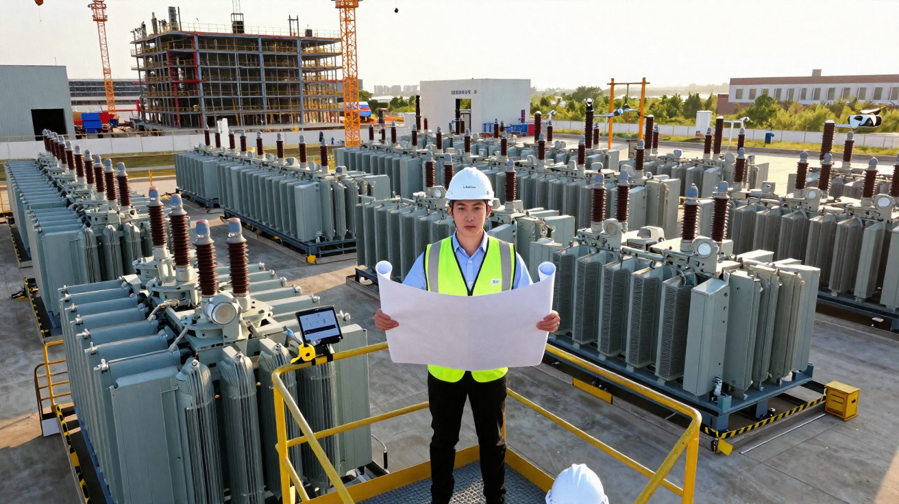 Engenheiro com capacete e colete refletor observa planta num parque de transformadores elétricos ao ar livre.