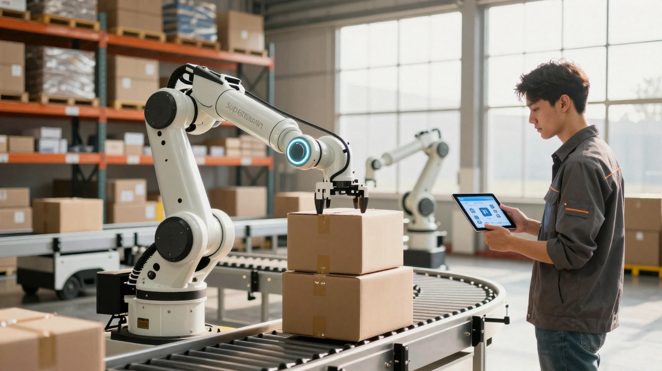 Homem a controlar braço robótico que empilha caixas numa linha de produção automatizada.
