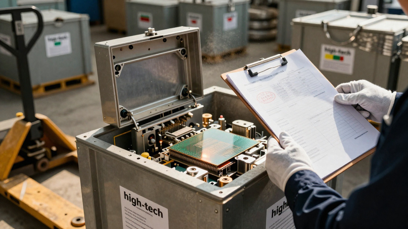Caixa metálica aberta com equipamento tecnológico e pessoa a verificar documentos numa prancheta.