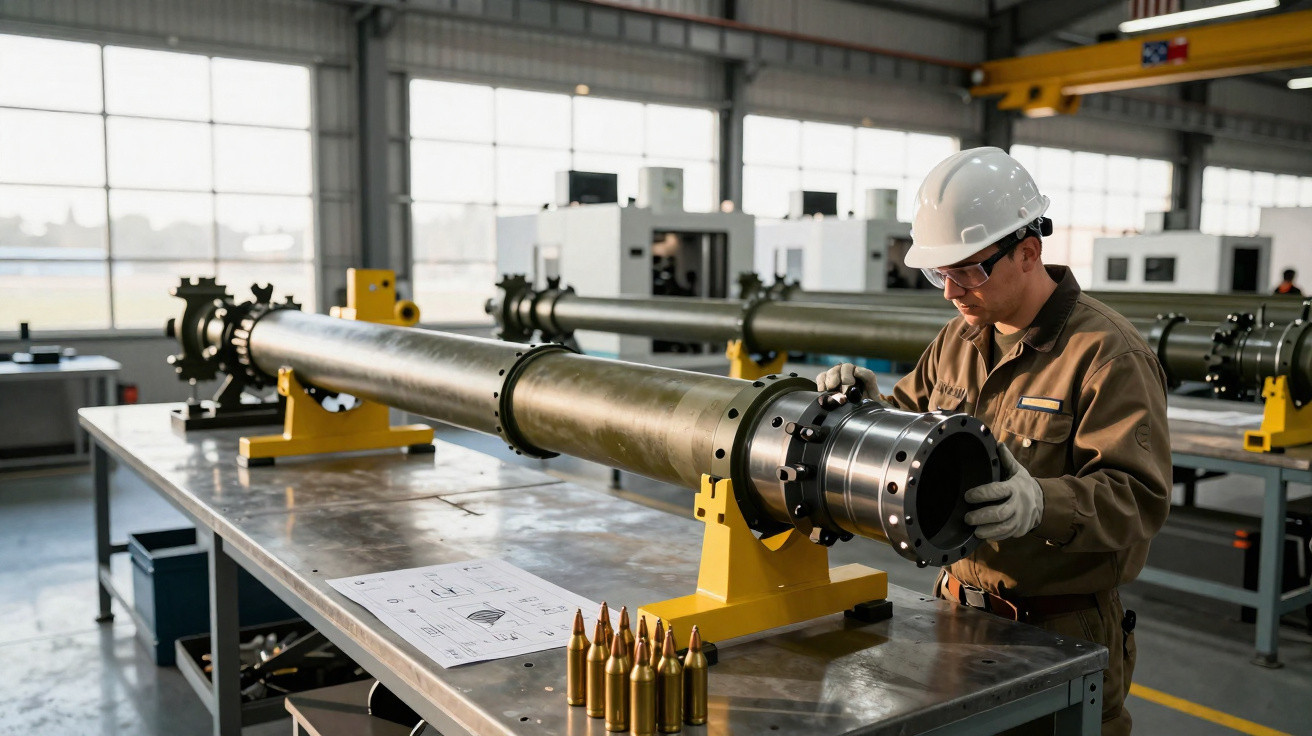 Técnico em capacete branco inspeciona tubo metálico longo numa oficina industrial com projéteis na bancada.