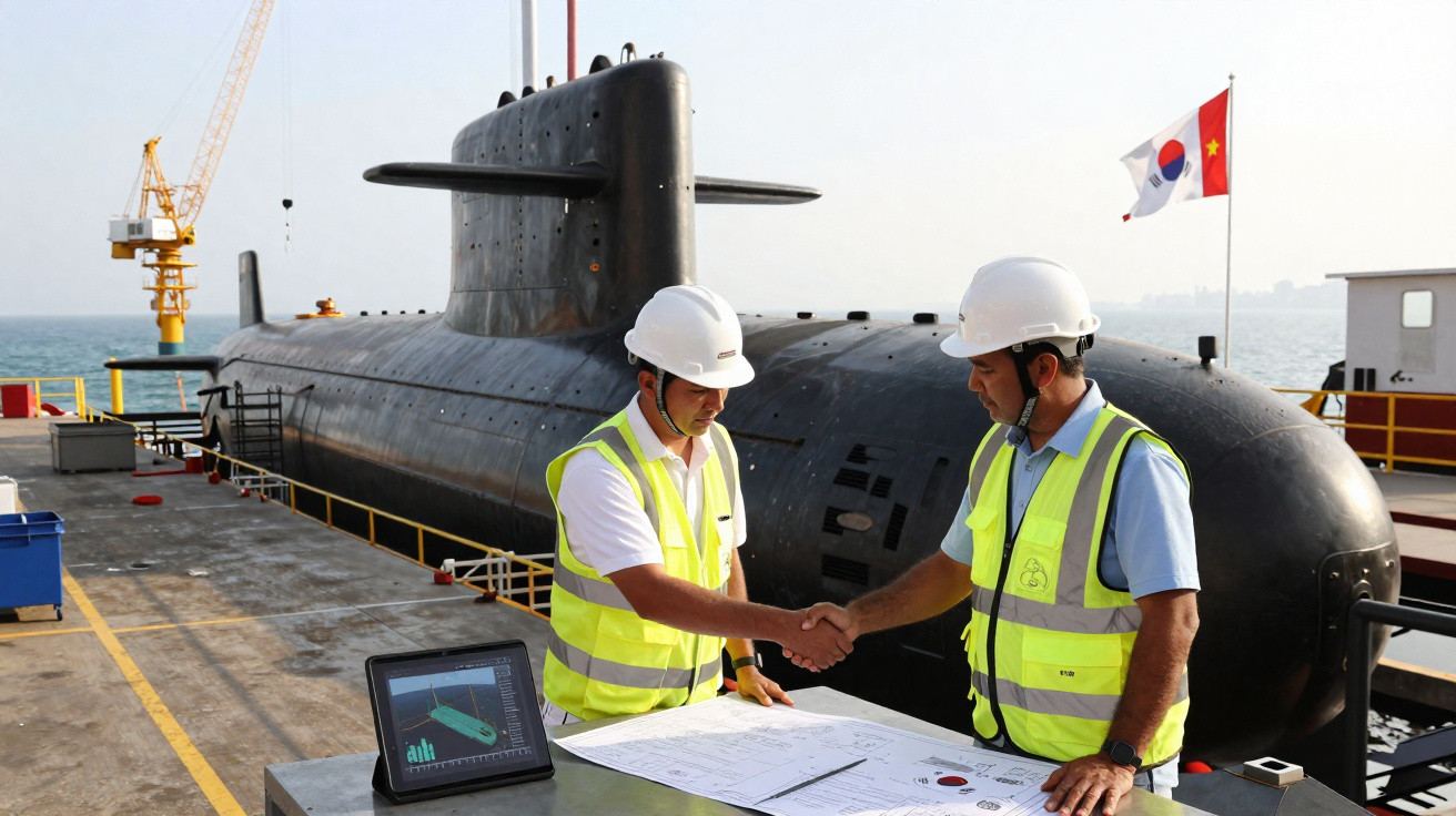 Dois engenheiros de colete refletor e capacete apertam as mãos junto a um submarino no estaleiro naval.