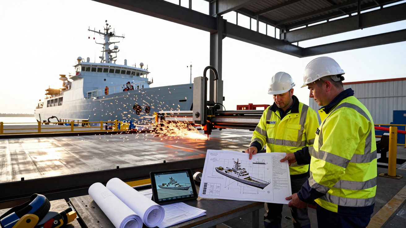 Dois trabalhadores com capacetes e coletes refletores analisam plantas de um barco em estaleiro, com corte metálico a ocorrer