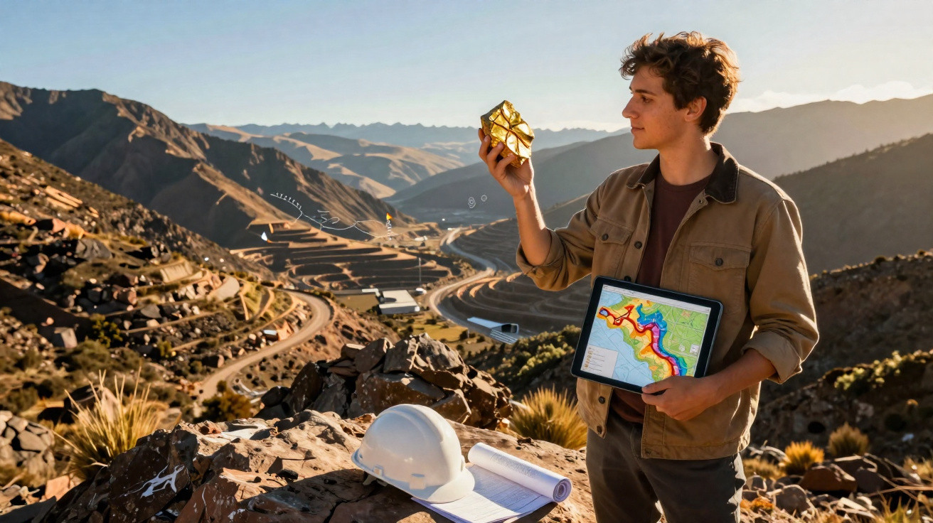Homem com tablet e amostra de solo analisa terreno montanhoso com mapas e ferramentas de engenharia.