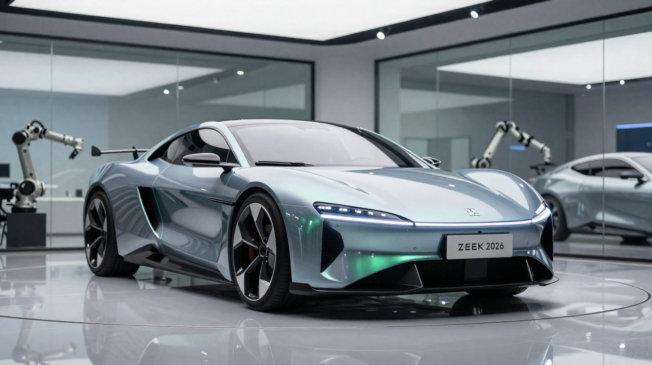 Carro desportivo elétrico prateado ZEEK 2026 numa sala moderna com robôs industriais ao fundo.