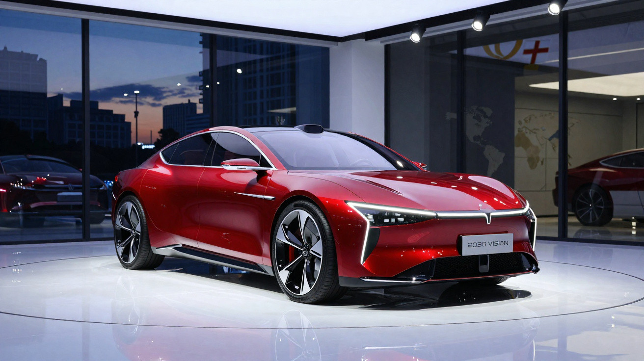 Carro elétrico desportivo vermelho em exibição numa sala moderna com janelas panorâmicas ao anoitecer.
