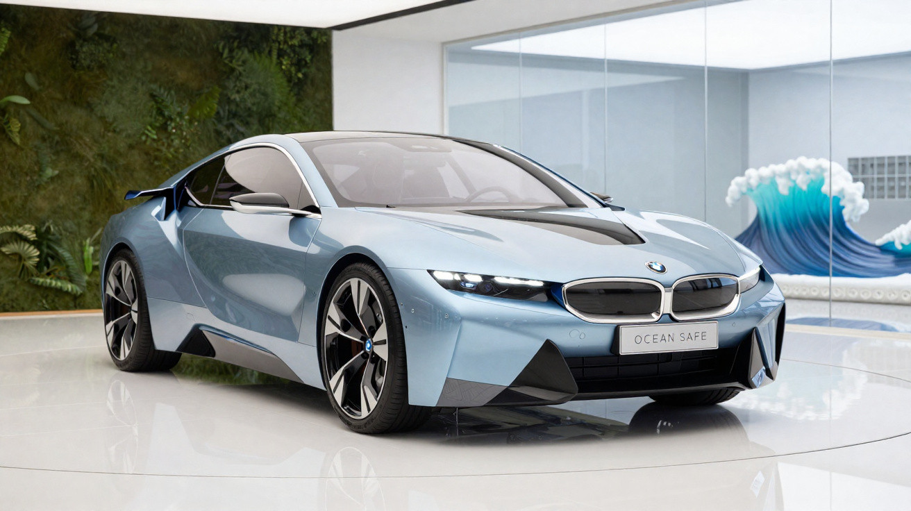 Carro elétrico desportivo BMW azul exposto num espaço moderno com paredes de vidro e decoração com tema oceano.