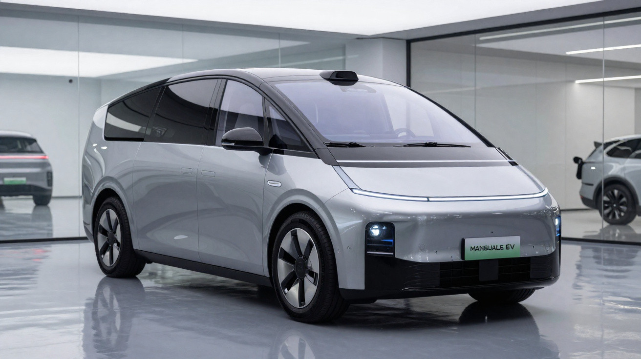 Veículo elétrico cinzento moderno com design aerodinâmico em ambiente interior reflectivo.
