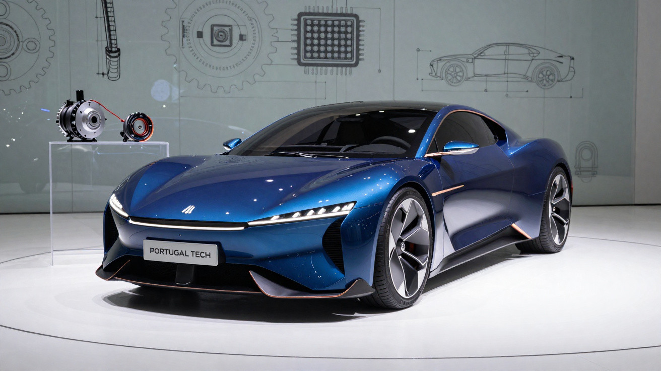 Carro desportivo elétrico azul da Portugal Tech em exposição com componentes mecânicos ao lado.