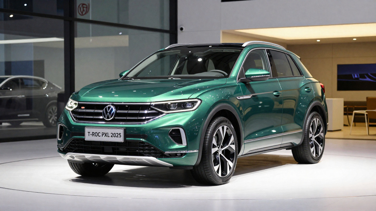 Carro Volkswagen T-Roc PXL 2025 verde metálico em exposição num interior moderno.