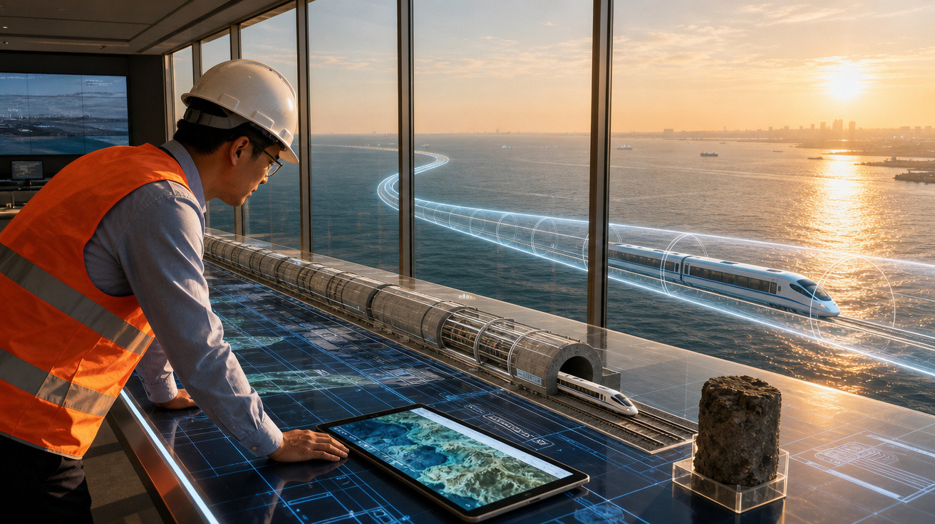 Engenheiro com colete e capacete analisa modelo digital de comboio de alta velocidade junto a janela com vista para o mar.