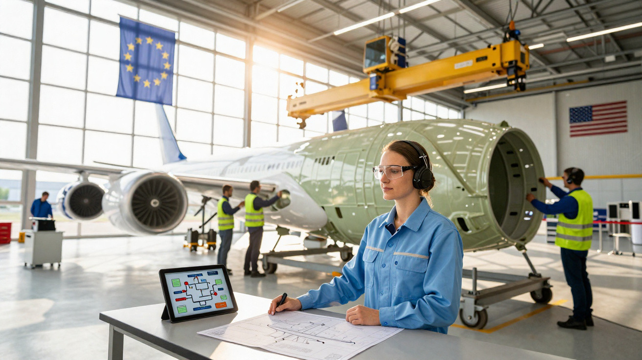 Mulher com equipamento de proteção a analisar planos em oficina com fuselagem de avião em montagem.