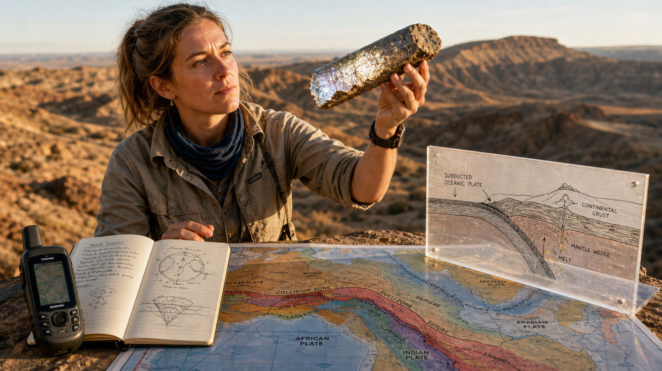 Mulher cientista analisa amostra geológica com mapas e diagrama de placas tectónicas ao fundo.
