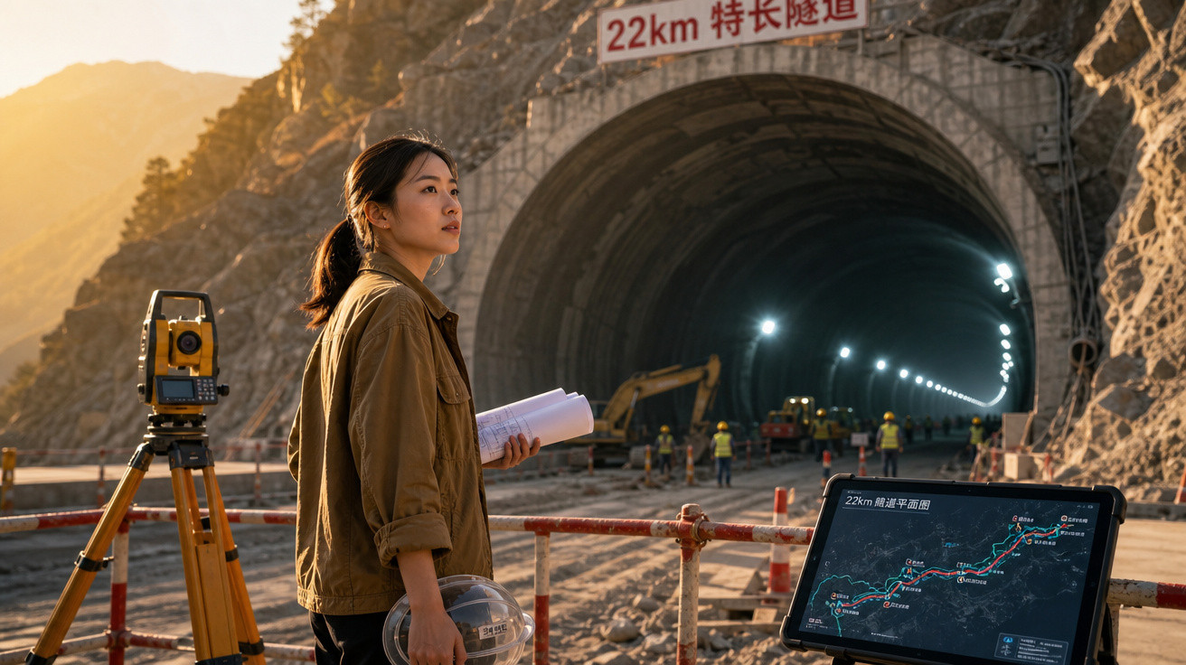 Mulher engenheira com capacete e planta em obra de túnel com trabalhadores e máquinas ao fundo ao entardecer.