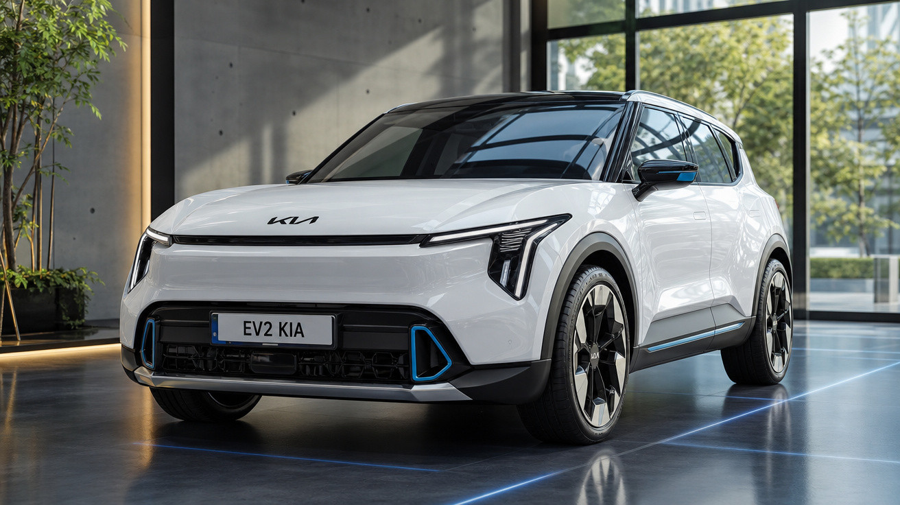 Carro elétrico branco KIA EV2 estacionado num espaço interior moderno, com janelas amplas e plantas ao lado.
