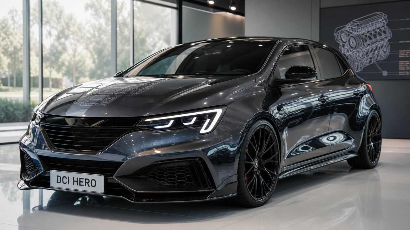 Carro desportivo moderno preto com faróis LED exposto numa sala com chão branco polido.