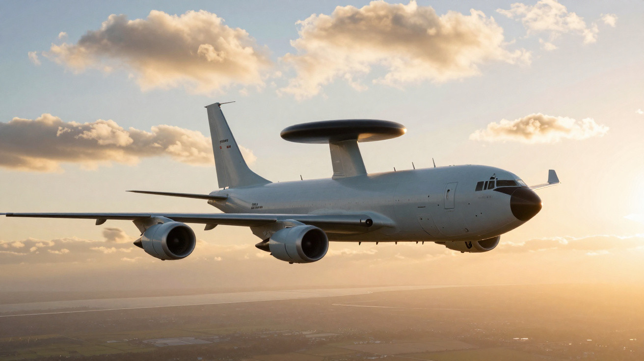 Avião militar de vigilância AEW com radar rotativo em voo ao pôr do sol, céu com nuvens dispersas.