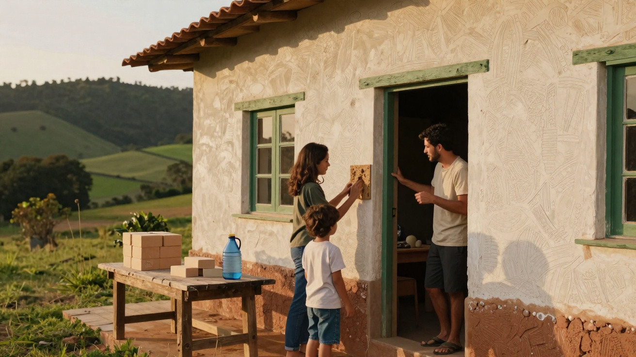 Família à porta de casa rural na zona campestre durante o pôr do sol, com mesa e objetos ao ar livre.