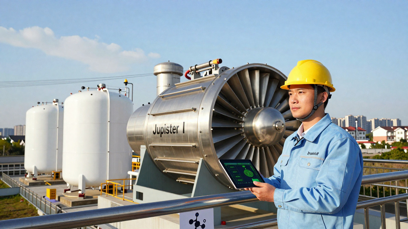 Técnico com capacete amarelo e tablet junto a equipamento industrial grande com turbina e tanques brancos.