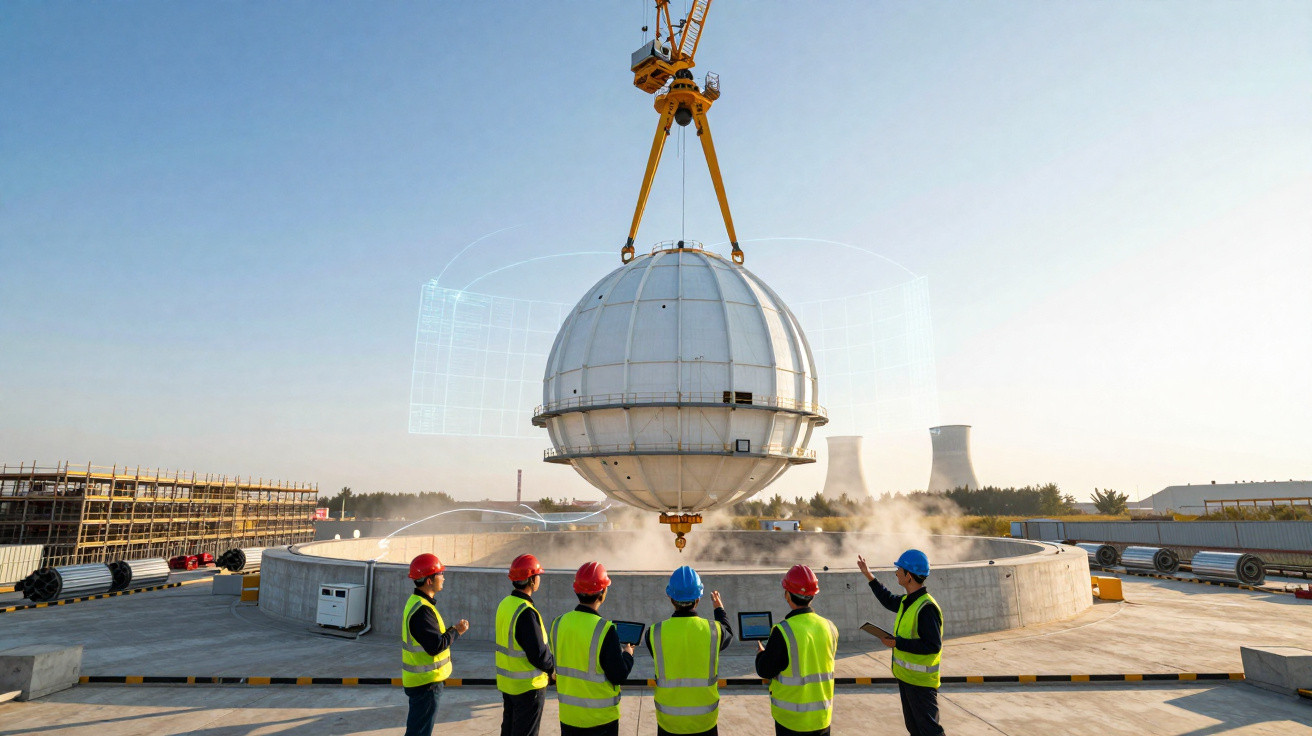 Engenheiros de segurança observam instalação de esfera metálica grande numa central industrial ao ar livre.