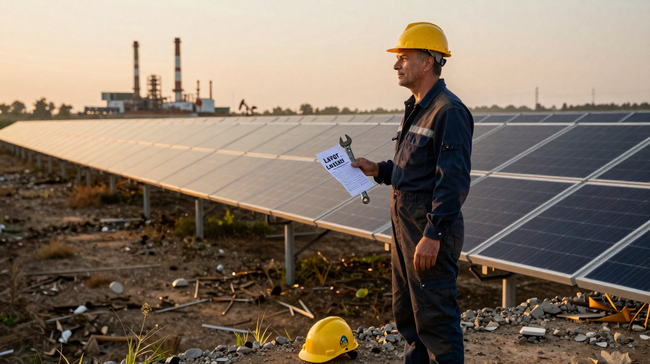 Trabalhador com capacete amarelo e macacão azul verifica painel solar numa central de energia ao pôr do sol.