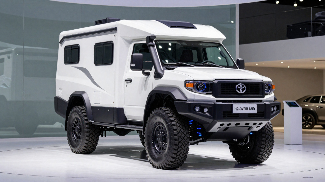 Veículo todo-terreno branco Toyota HZ-Overland exibido numa exposição automóvel moderna.