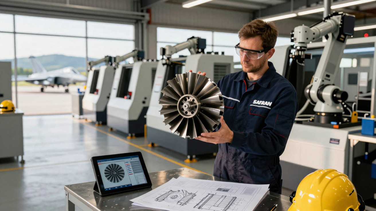 Engenheiro com equipamento de proteção a inspecionar uma turbina num ambiente industrial moderno.