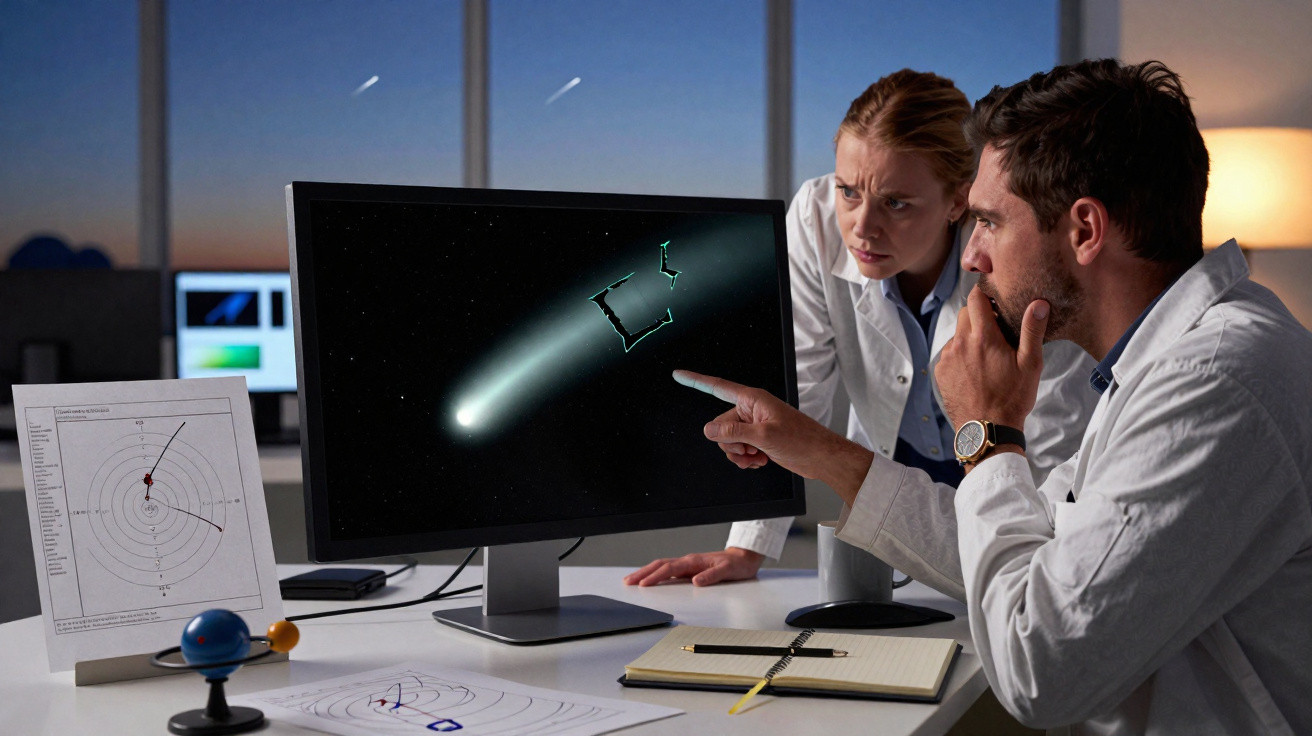 Dois cientistas em laboratório observam estudo de corpo celeste numa tela de computador durante a noite.
