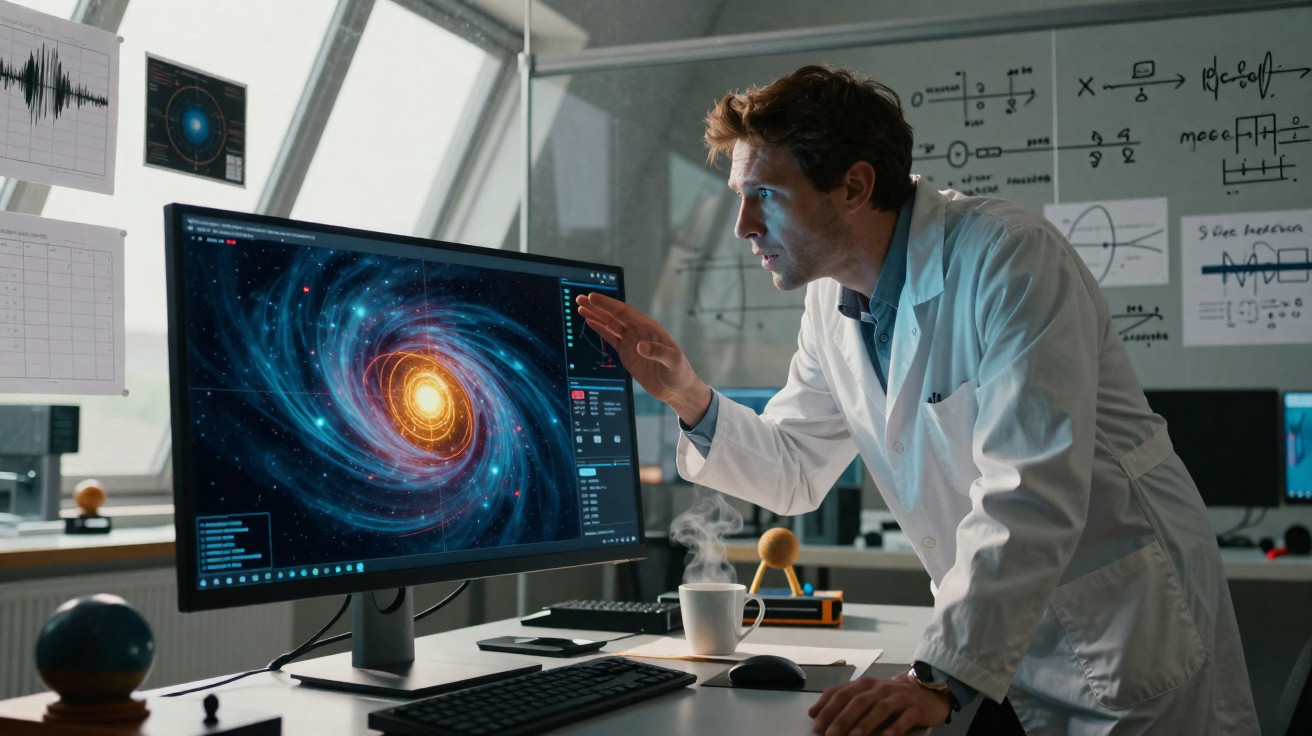 Cientista em laboratório observa imagem de galáxia espiral no ecrã de computador, com gráficos e notas na parede.