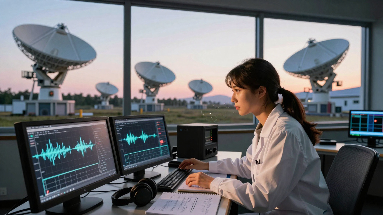 Mulher a analisar ondas sonoras em ecrãs de computador numa sala com antenas parabólicas ao fundo.