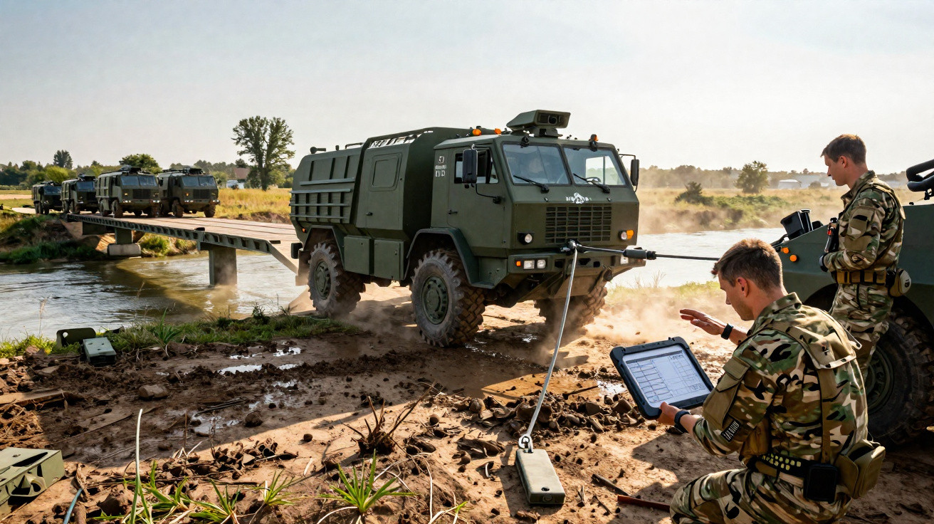 Militares em uniforme operacional conduzem veículos militares verdes na travessia de uma ponte sobre rio em ambiente rural.