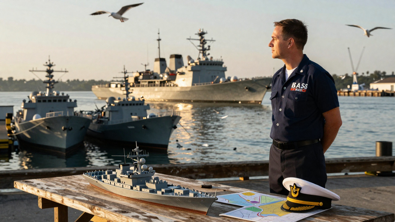 Homem da marinha observa porto com navios de guerra, com modelo e mapas sobre mesa em primeiro plano.