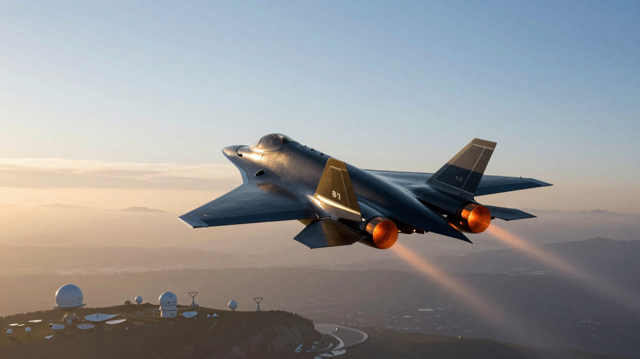 Avião militar a jato com pós-combustores ligados a sobrevoar colina com antenas e observatório ao pôr do sol.