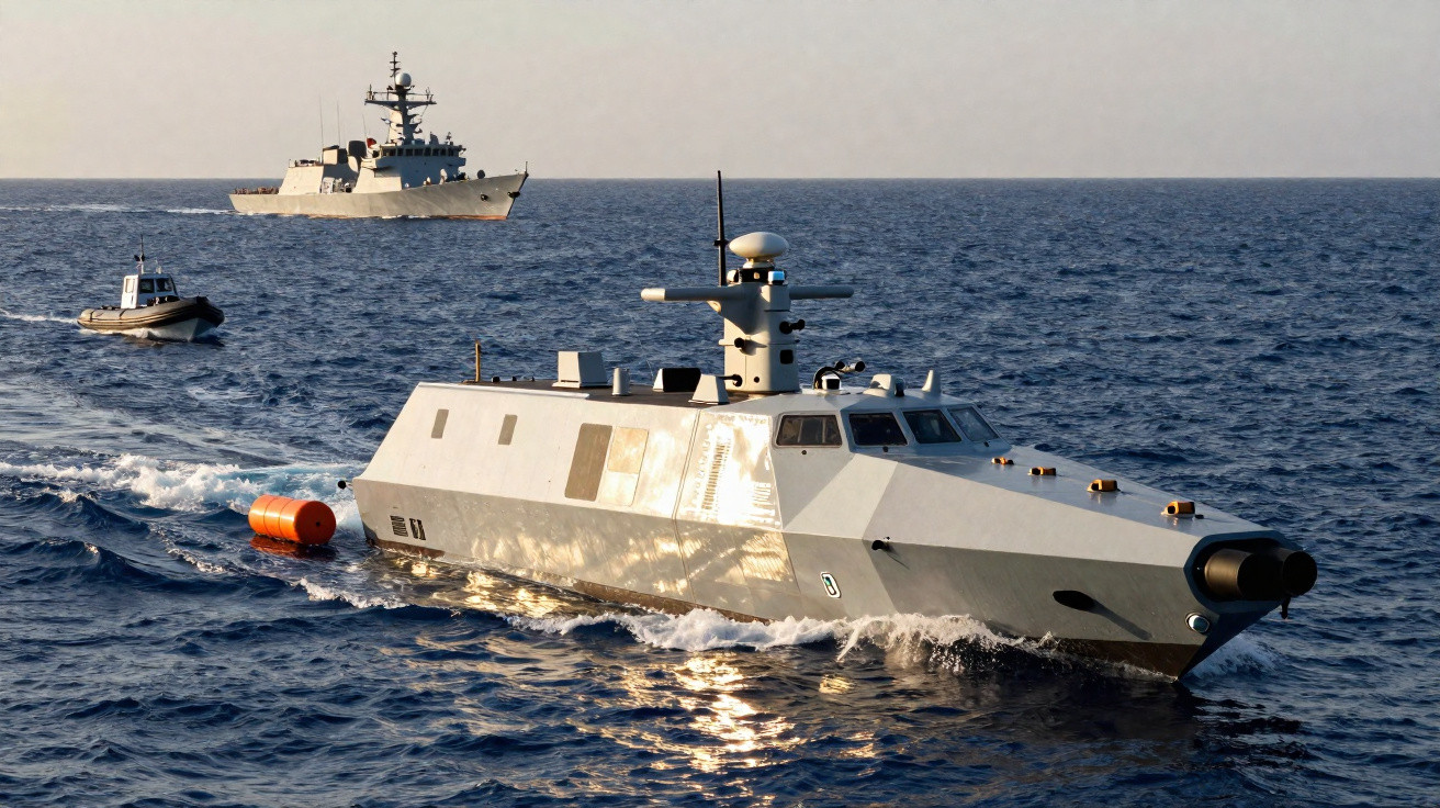 Embarcação naval autónoma e navios militares ao largo no mar durante o dia ensolarado.