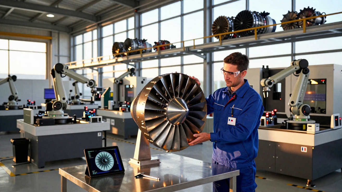 Engenheiro a inspecionar uma turbina de avião numa oficina moderna com robôs ao fundo.