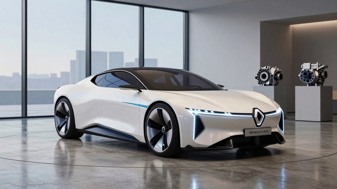 Carro desportivo elétrico branco da Renault com design futurista estacionado em showroom moderno.