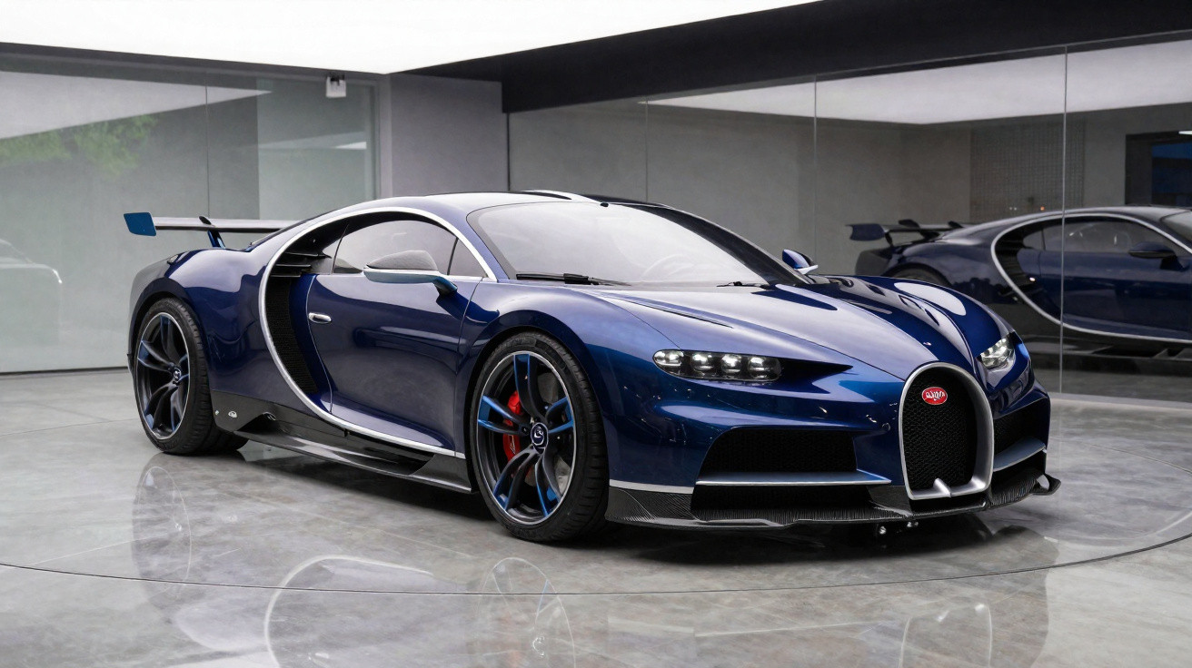 Carro desportivo Bugatti Chiron azul metálico estacionado numa sala com chão refletor e espelho.