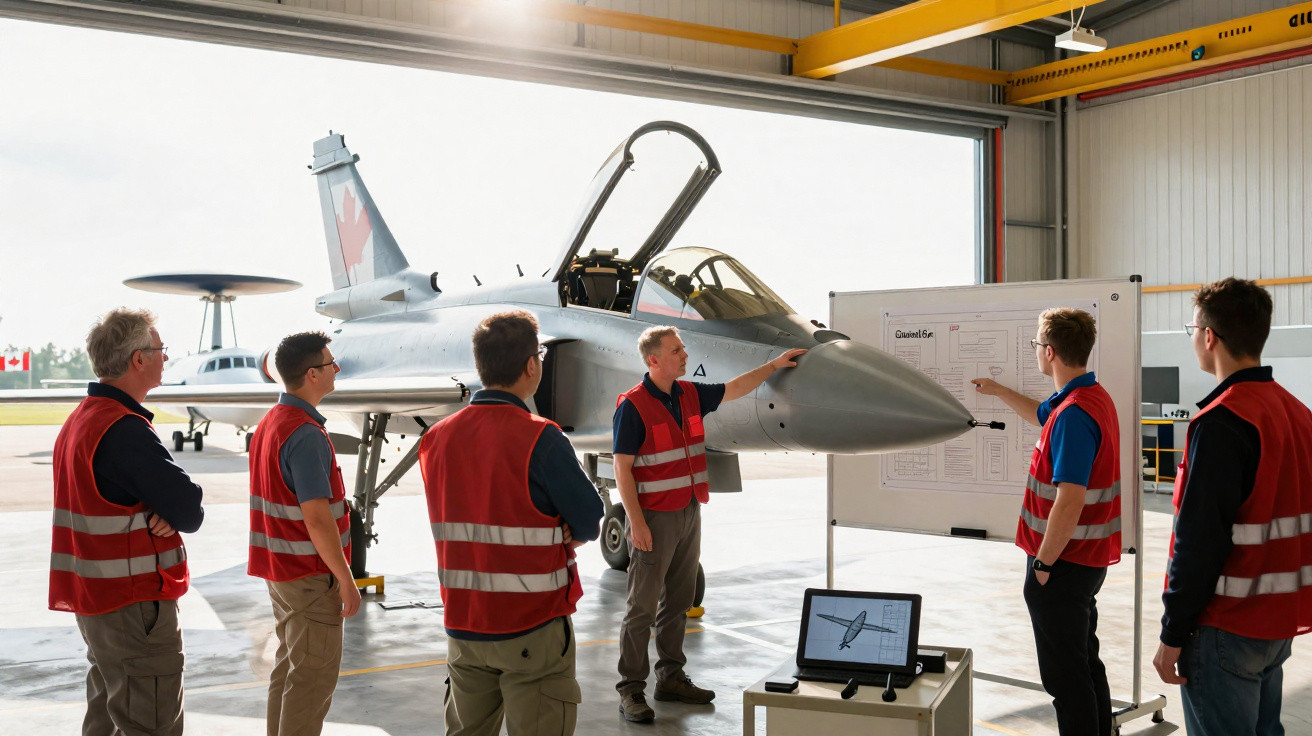Equipa técnica em coletes vermelhos analisa plano junto a jato militar numa hangar de aeroporto.