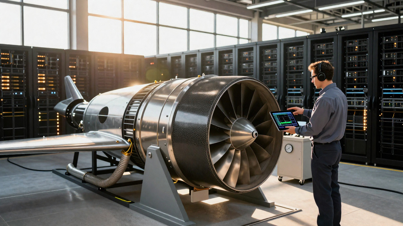 Engenheiro com auscultadores a analisar motor a jato num laboratório rodeado por servidores informáticos.